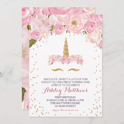 Einhorngeburtstag pink Schöne Blumeneinladung, Einladung (Vorne/Hinten)