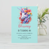 Einhorngeburtstag rosa schöne Blüte Einladung (Stehend Vorderseite)