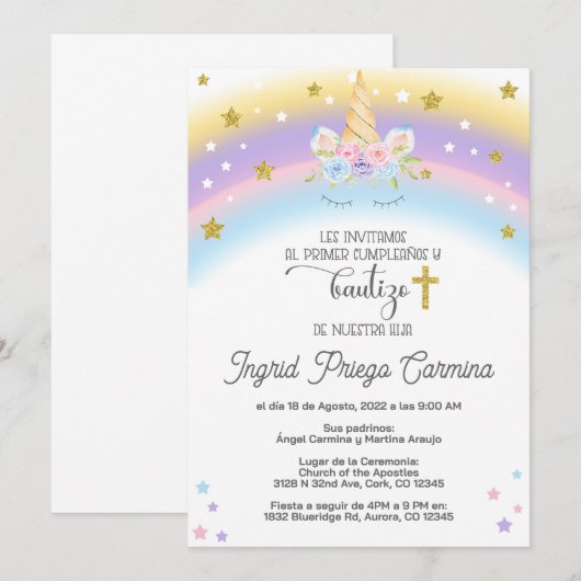 Einhorngeburtstag Taufe Einladung Spanisch. (Vorne/Hinten)