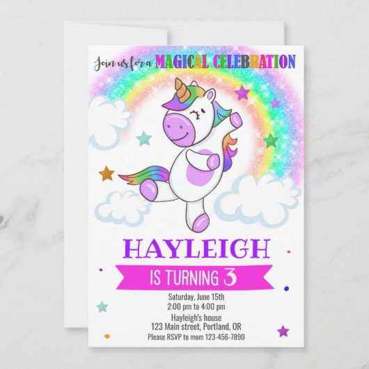 Einhorngeburtstagseinladung Magisches Regenbogen-P Einladung (Vorderseite)