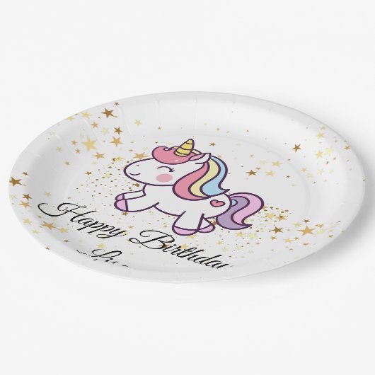 Einhorngeburtsthema Pappteller (Schrägansicht)
