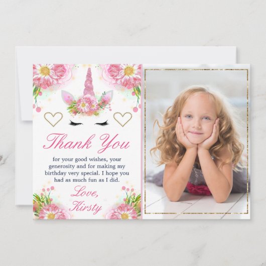 Einhorngesicht & Aquarellfarben Blume Foto Geburts Dankeskarte (Vorderseite)