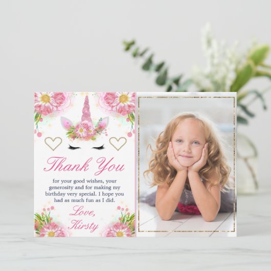 Einhorngesicht & Aquarellfarben Blume Foto Geburts Dankeskarte (Stehend Vorderseite)