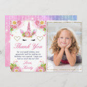 Einhorngesicht & Aquarellfarben Blume Foto Geburts Dankeskarte (Vorne/Hinten)