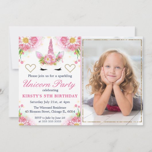 Einhorngesicht & Aquarellfarben Blume Foto Geburts Einladung (Vorderseite)