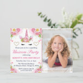 Einhorngesicht & Aquarellfarben Blume Foto Geburts Einladung (Stehend Vorderseite)