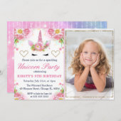 Einhorngesicht & Aquarellfarben Blume Foto Geburts Einladung (Vorne/Hinten)