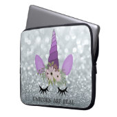 Einhorngesicht, Blumenkrone, Silberner Glitzer Bok Laptopschutzhülle (Vorderseite Links)