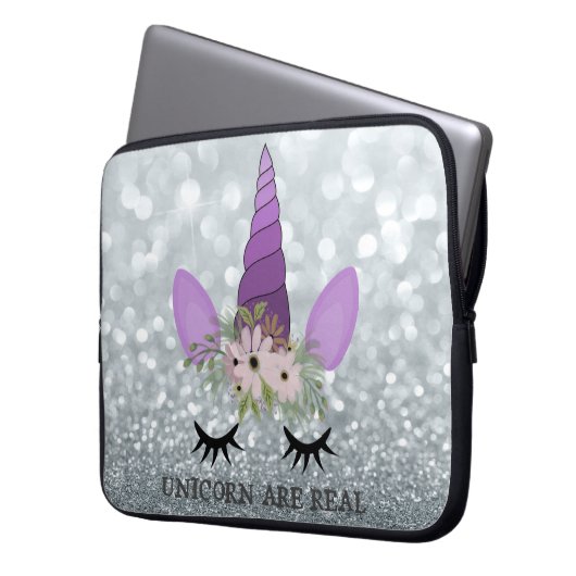 Einhorngesicht, Blumenkrone, Silberner Glitzer Bok Laptopschutzhülle (Vorderseite Links)