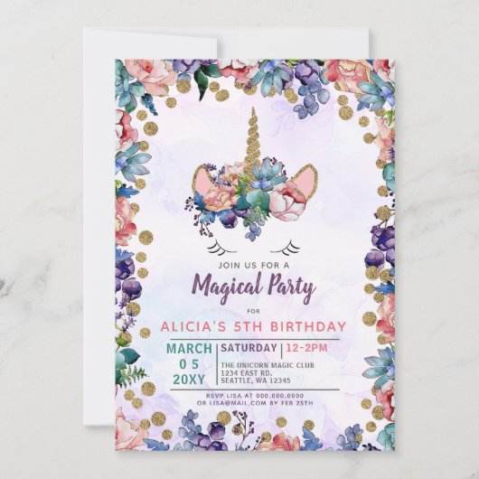 Einhorngesicht Glitzer Blumengeburt Einladung (Vorderseite)