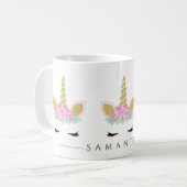 Einhorngesicht mit Augenbrauen Glitzer floral Kaffeetasse (Vorderseite Links)