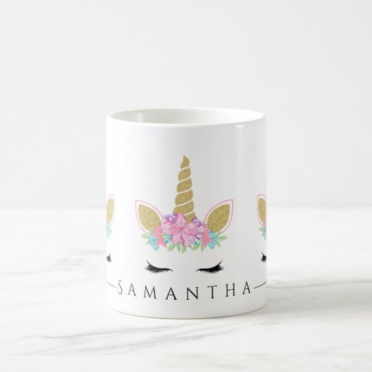 Einhorngesicht mit Augenbrauen Glitzer floral Kaffeetasse (Mittel)