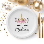 Einhorngesicht mit Eyelasenbezeichnung Personalisi Pappteller