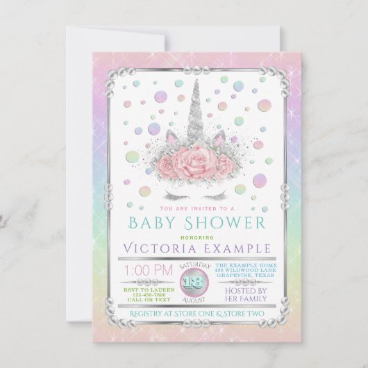 Einhorngesicht Rainbow Pearl Baby Shower Einladung (Vorderseite)