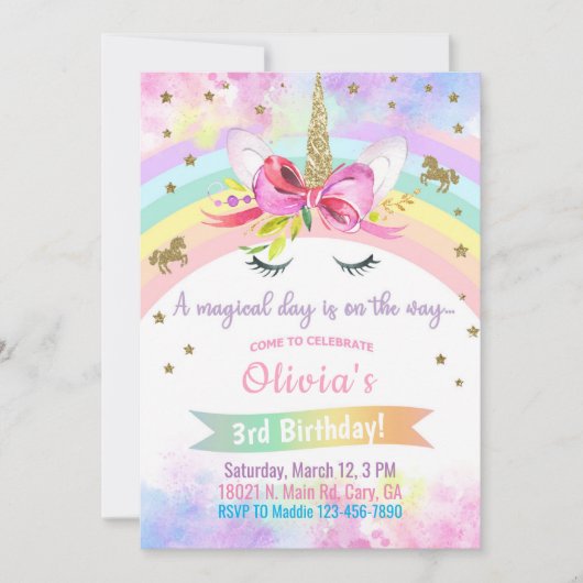 Einhornkopf & Blume zum Geburtstag von Mädchen Einladung (Vorderseite)