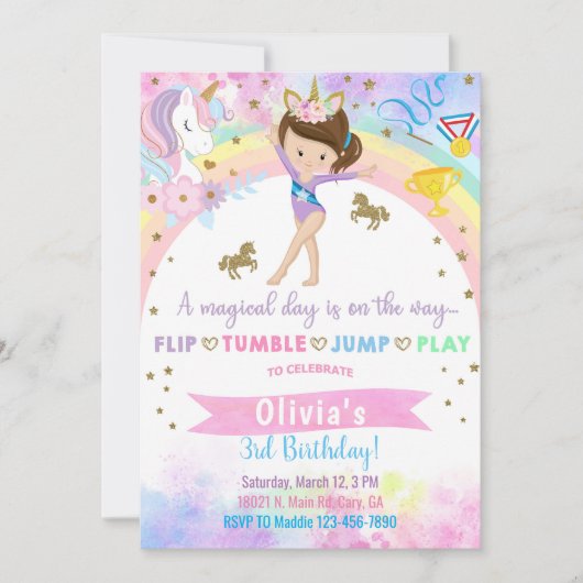 Einhornkopfgymnastik brünetter Mädchentag. Einladung (Vorderseite)