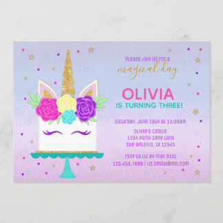Einhornkuchen Geburtstag Einladung Pink Lila Gold