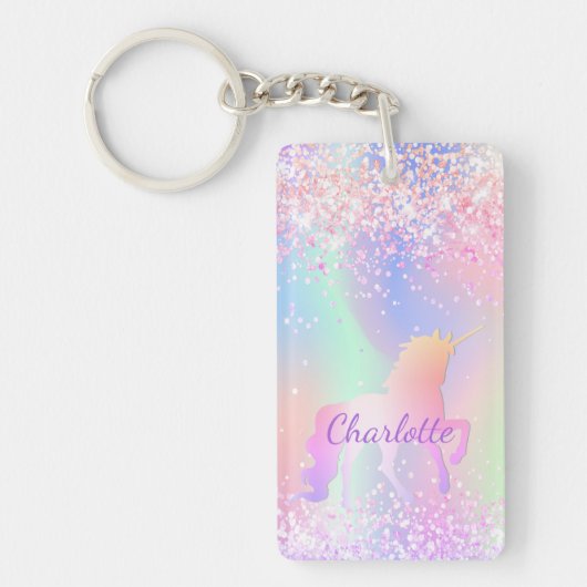 Einhornrosa lila Name holografisch Schlüsselanhänger (Vorderseite)