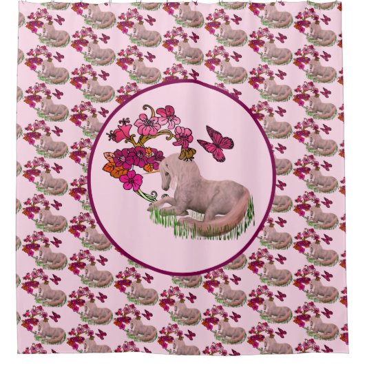 Einhornschmetterlinge und Blume Duschvorhang (Vorderseite)