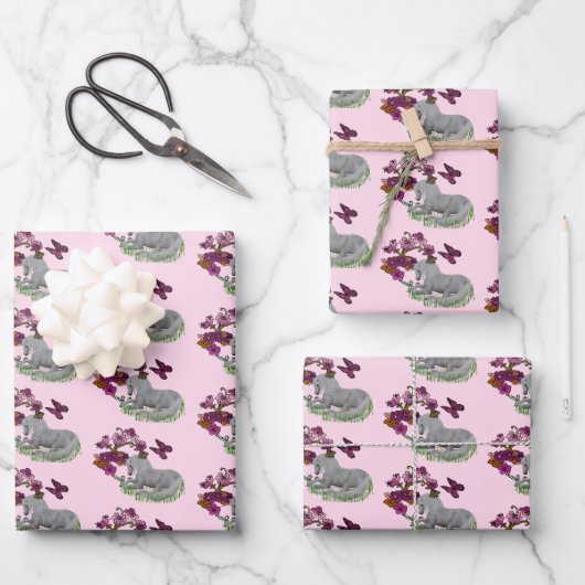 Einhornschmetterlinge und Blume Geschenkpapier Set (Vorderseite)