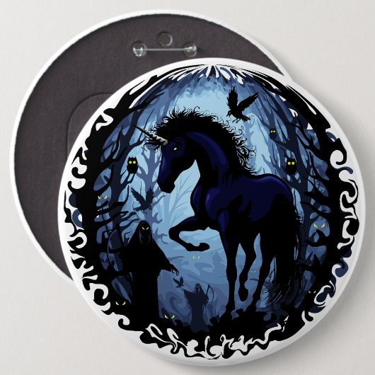 Einhornschwarze Magic Fairy im Dunklen Wald Button (Vorne & Hinten)
