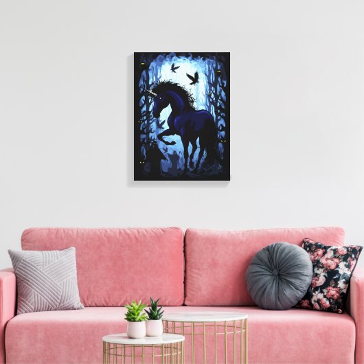 Einhornschwarze Magic Fairy im Dunklen Wald Leinwanddruck (Insitu (Wohnzimmer))