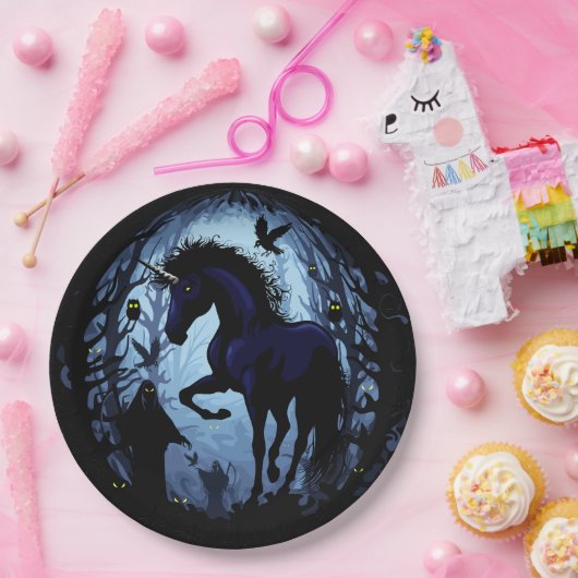 Einhornschwarze Magic Fairy im Dunklen Wald Pappteller (Party)