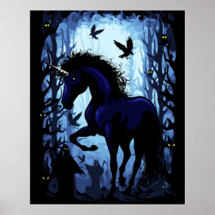 Einhornschwarze Magic Fairy im Dunklen Wald Poster