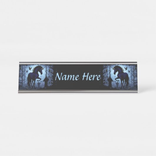 Einhornschwarze Magic Fairy im Dunklen Wald Schreibtischnamensplakette (Vorderseite )