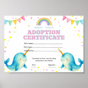 Einhornwal adoptiere ein Haustier Zertifikat editi Poster