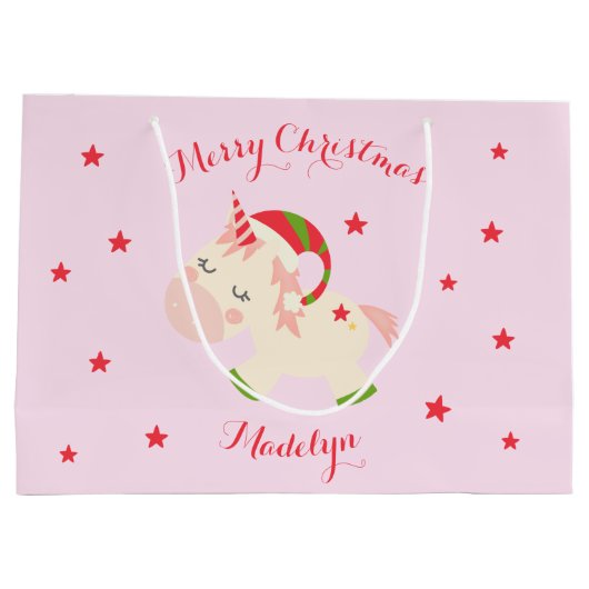 Einhornweihnachtsfest Personalisiert Rosa Große Geschenktüte (Rückseite)