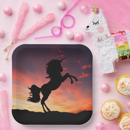 Einhornzucht in einem herrlichen Sonnenuntergang-P Pappteller (Party)