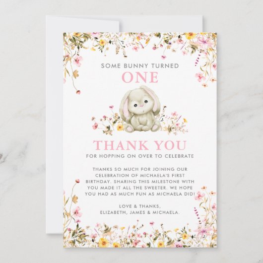 Einige Bunny drehte sich ein rosa Mädchen am 1. Ge Dankeskarte (Vorderseite)