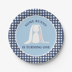 Einige Bunny ist One blue Gingham Birthday Pappteller