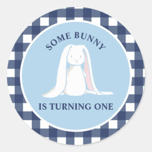Einige Bunny ist One blue Gingham Birthday Runder Aufkleber