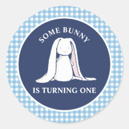 Einige Bunny ist One blue Gingham Birthday Runder Aufkleber