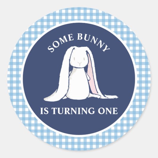 Einige Bunny ist One blue Gingham Birthday Runder Aufkleber (Vorderseite)