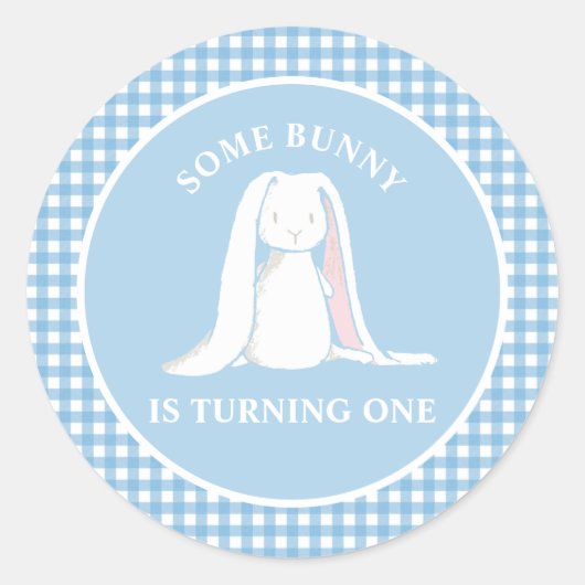 Einige Bunny ist One blue Gingham Birthday Runder Aufkleber (Vorderseite)