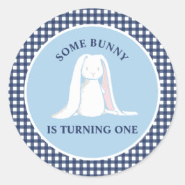 Einige Bunny ist One blue Gingham Birthday Runder Aufkleber