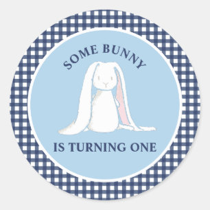 Einige Bunny ist One blue Gingham Birthday Runder Aufkleber