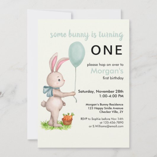 Einige Bunny ist One Niedlich Rabbit Balloon 1. Ge Einladung (Vorderseite)
