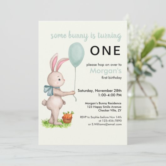 Einige Bunny ist One Niedlich Rabbit Balloon 1. Ge Einladung (Stehend Vorderseite)