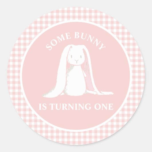 Einige Bunny ist One Pink Gingham Birthday Paper P Runder Aufkleber (Vorderseite)