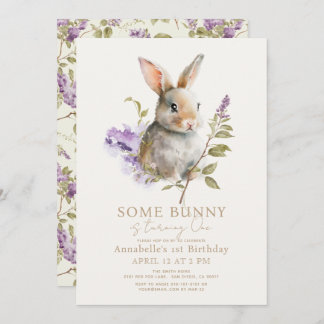 Einige Bunny Lila Lilac Floral 1. Geburtstag Einladung