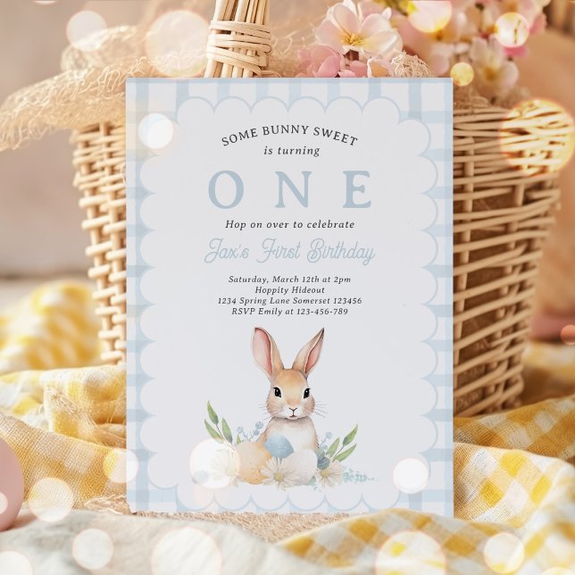 Einige Bunny Pastel Spring Blue Gingham 1. Geburts Einladung