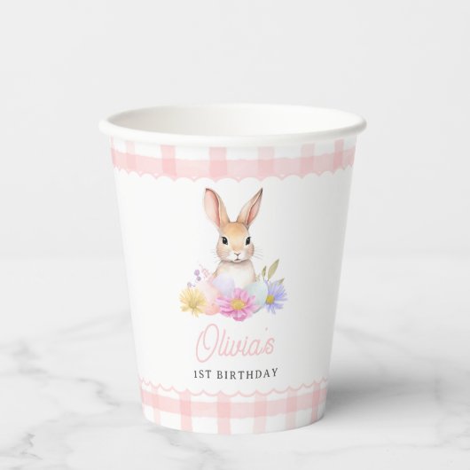 Einige Bunny Pastel Spring Pink Gingham 1. Geburts Pappbecher (Vorderseite)