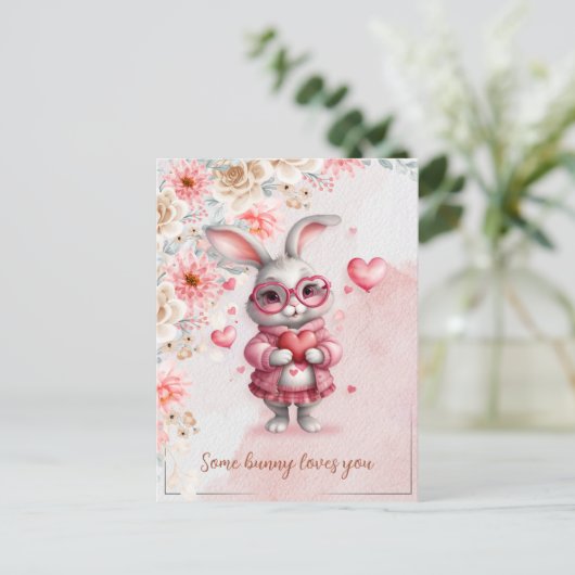 Einige sonnige Lieben Romantisch Pink Bunny & Hear Postkarte (Stehend Vorderseite)