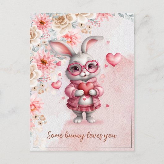 Einige sonnige Lieben Romantisch Pink Bunny & Hear Postkarte (Vorderseite)
