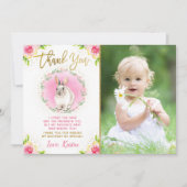 Einige sonnige rosa Blumengold Glitzer Foto Geburt Dankeskarte (Vorderseite)