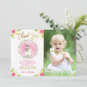 Einige sonnige rosa Blumengold Glitzer Foto Geburt Dankeskarte (Stehend Vorderseite)